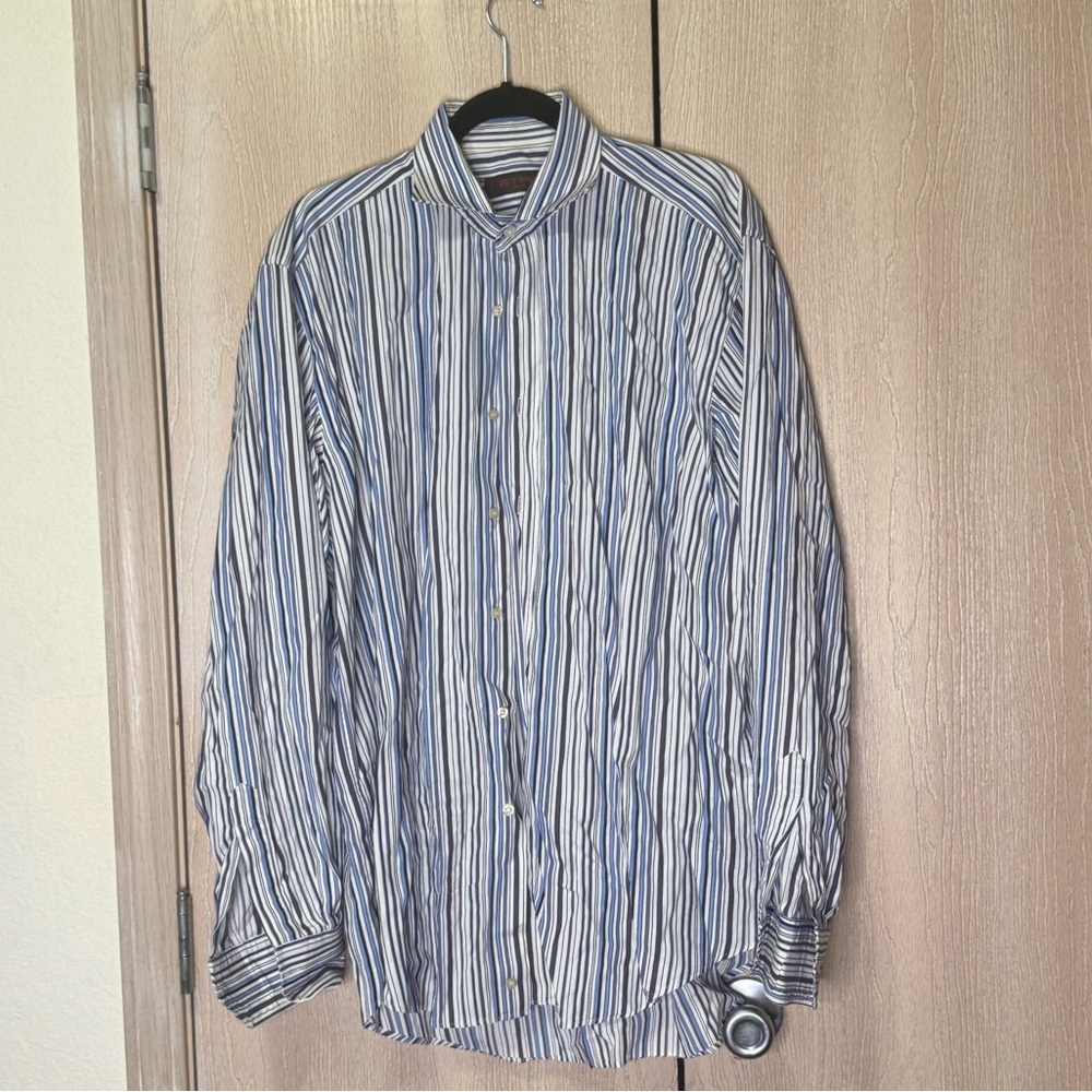Etro Men’s Size 42 Blue Purple Stripe Dress Shirt Long Sleeve Button Down Luxe